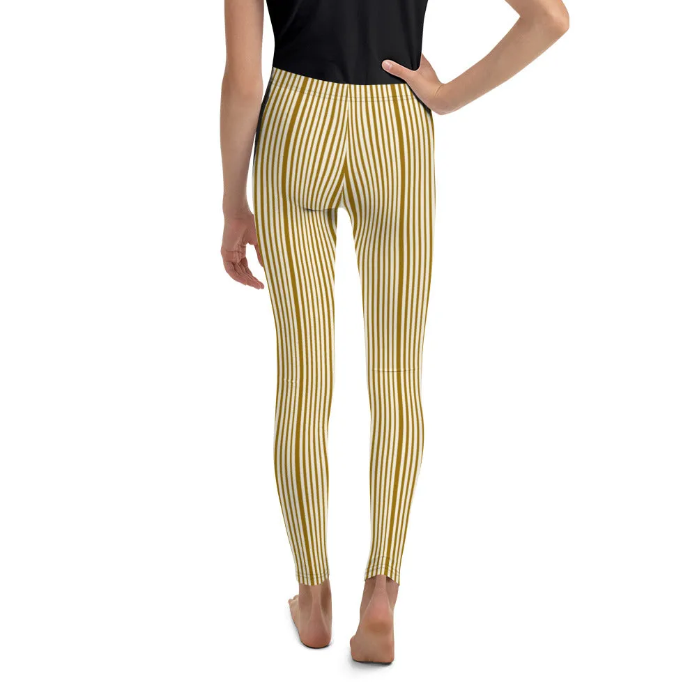 Brown Light Yellow Dense Stripe Print Youth Leggings Tight Pants- Made in USA/ EU