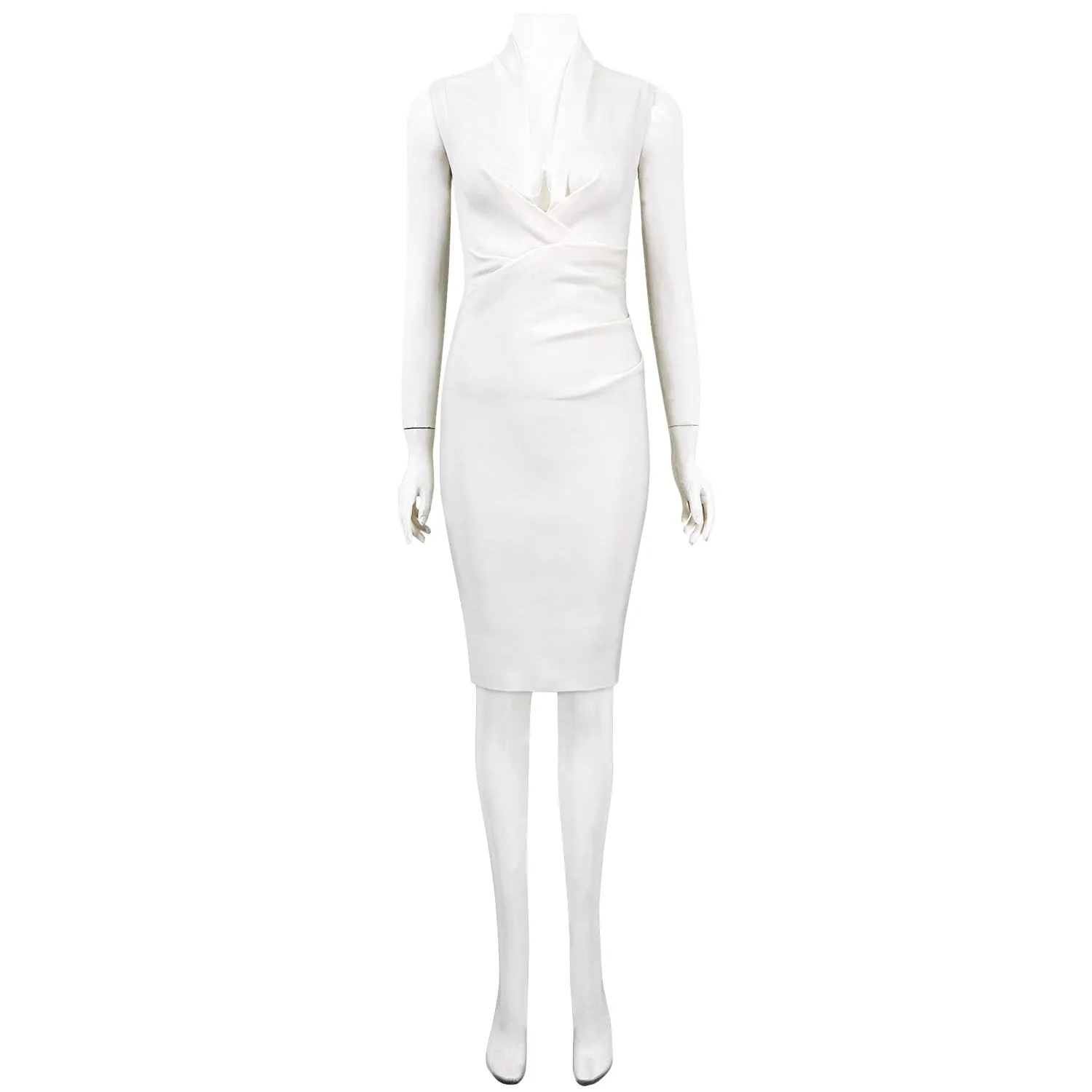 Winnal White Sleeveless V-neck Bodycon Bandage Dress With Plunging Neckline
